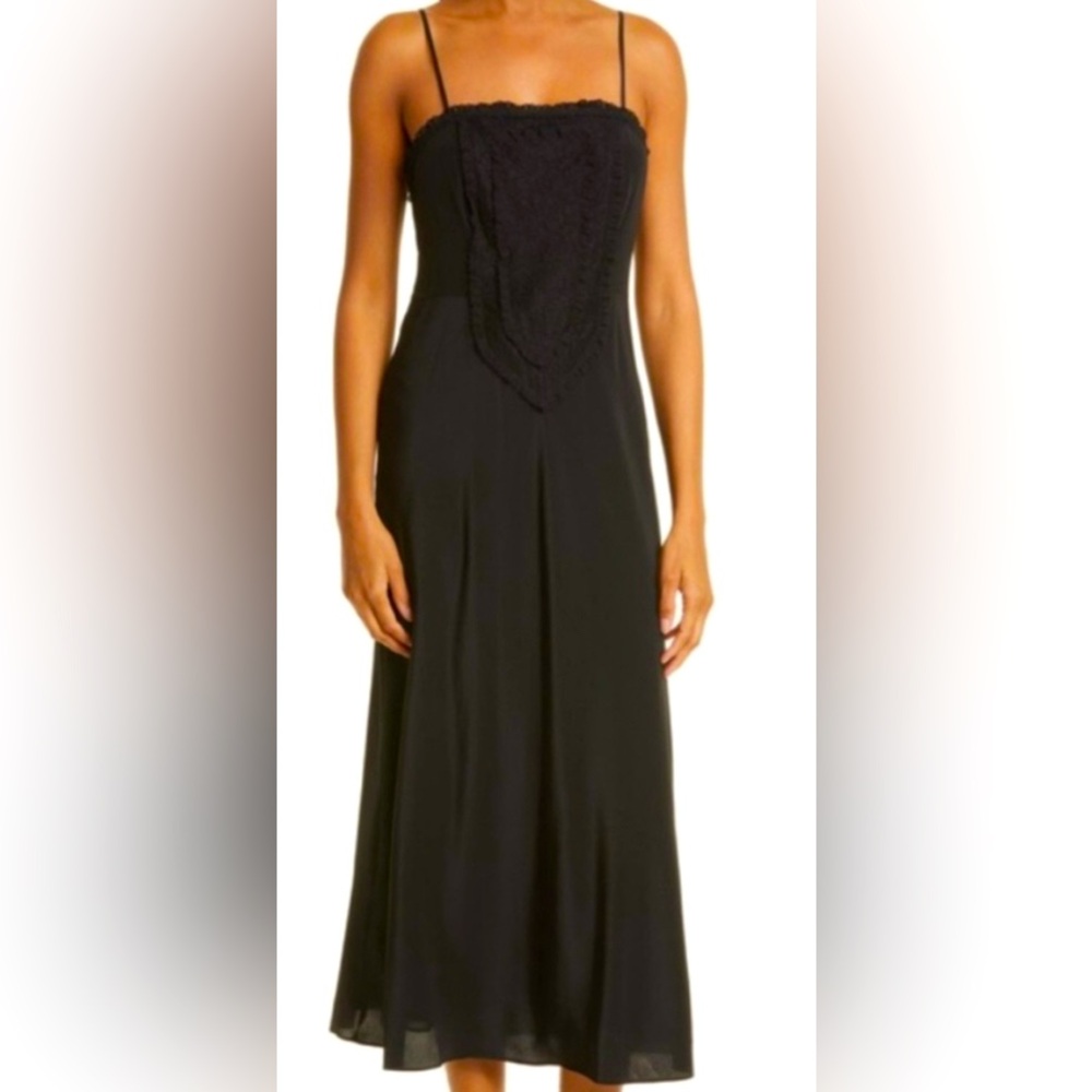 Rebecca Taylor Black Silk Midi Dress with Lace Bib, size 2